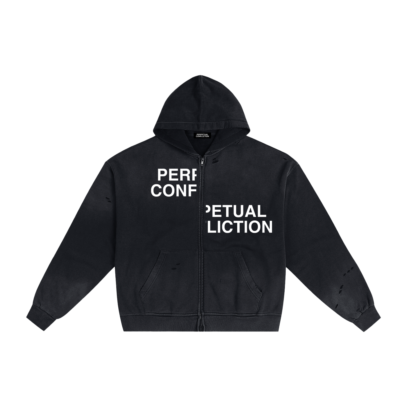 Unaligned” Hand Frayed Zip Hoodie – Perpetual Confliction