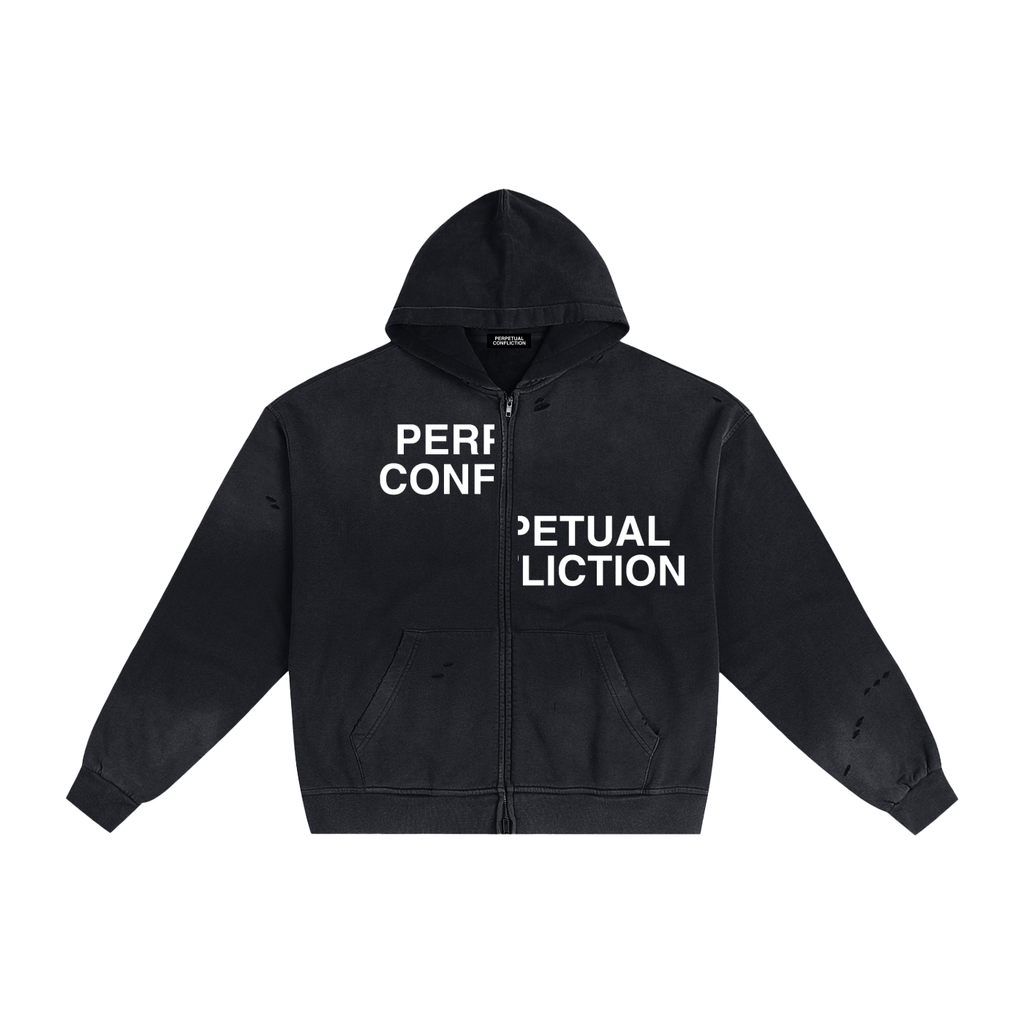 “Unaligned” Hand Frayed Zip Hoodie